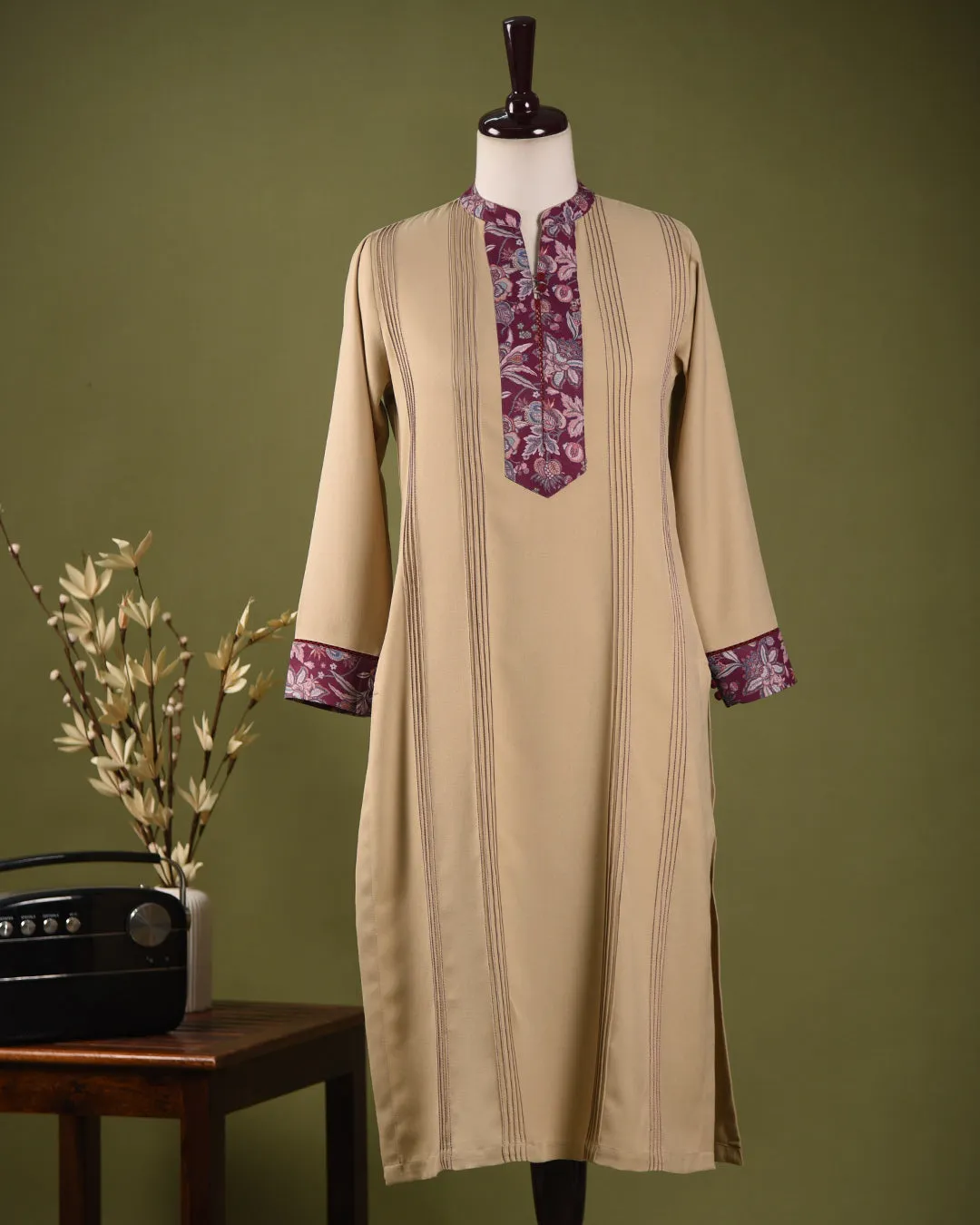 Light Beige Winter Wear Wool Spun Blend Embroidered Ready To Wear Kurta With Pant