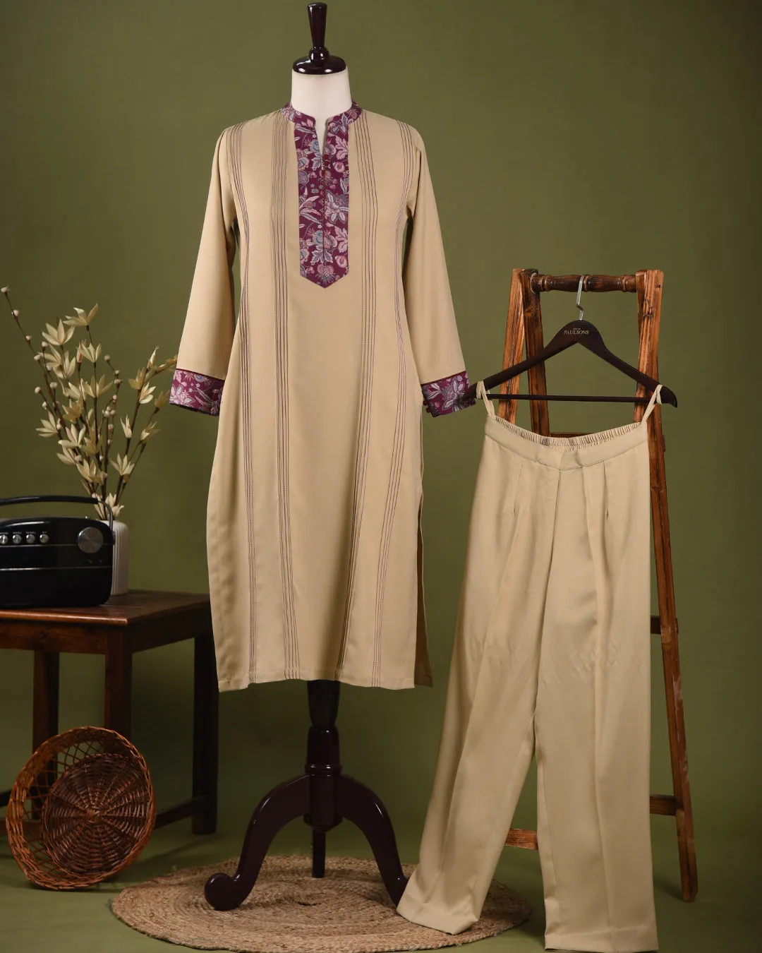Light Beige Winter Wear Wool Spun Blend Embroidered Ready To Wear Kurta With Pant
