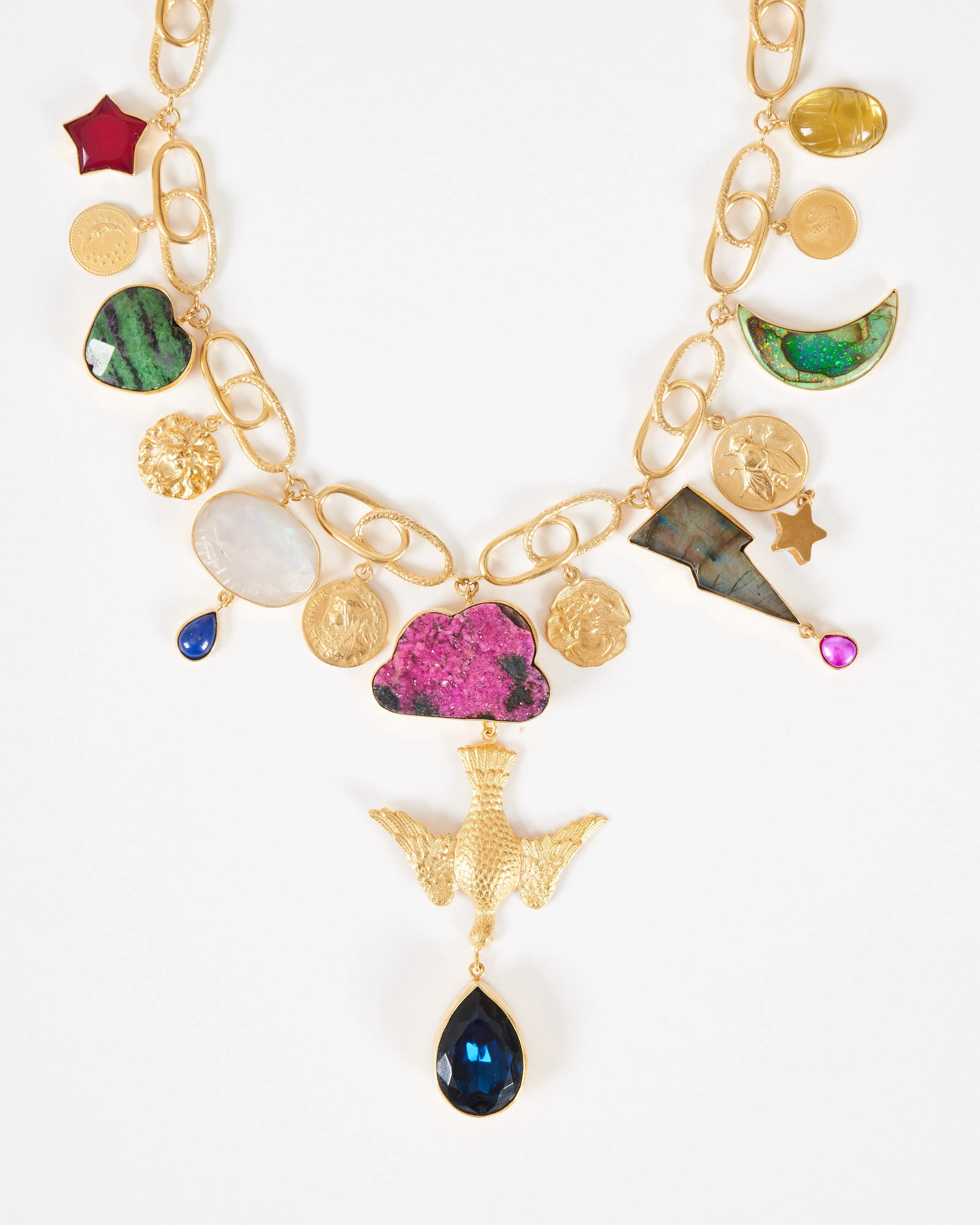 linked celestial charm necklace - gold/multi