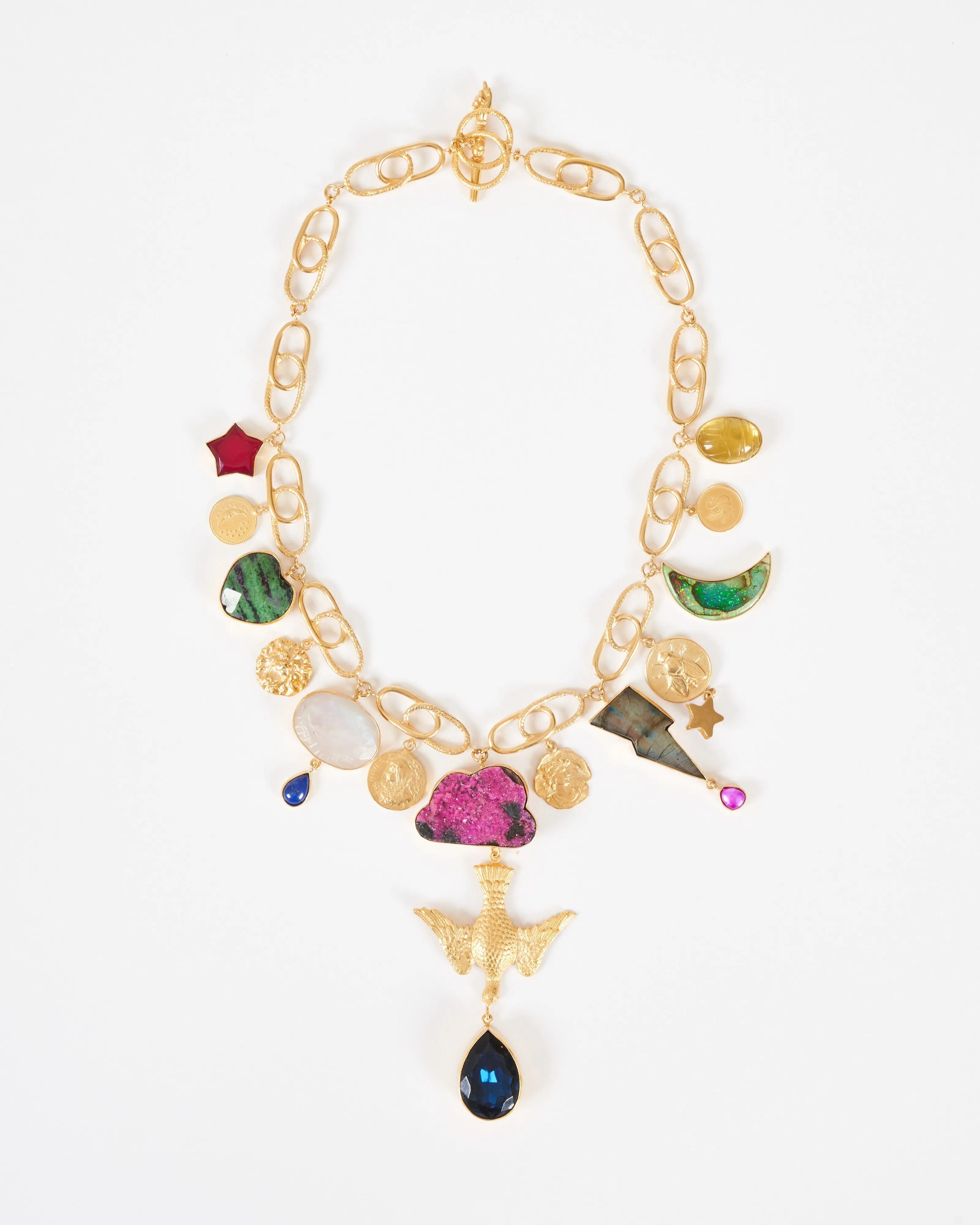 linked celestial charm necklace - gold/multi