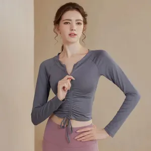 Long Sleeve Semi-Zip Front Drawstring Yoga Top for Women - Sports Activewear