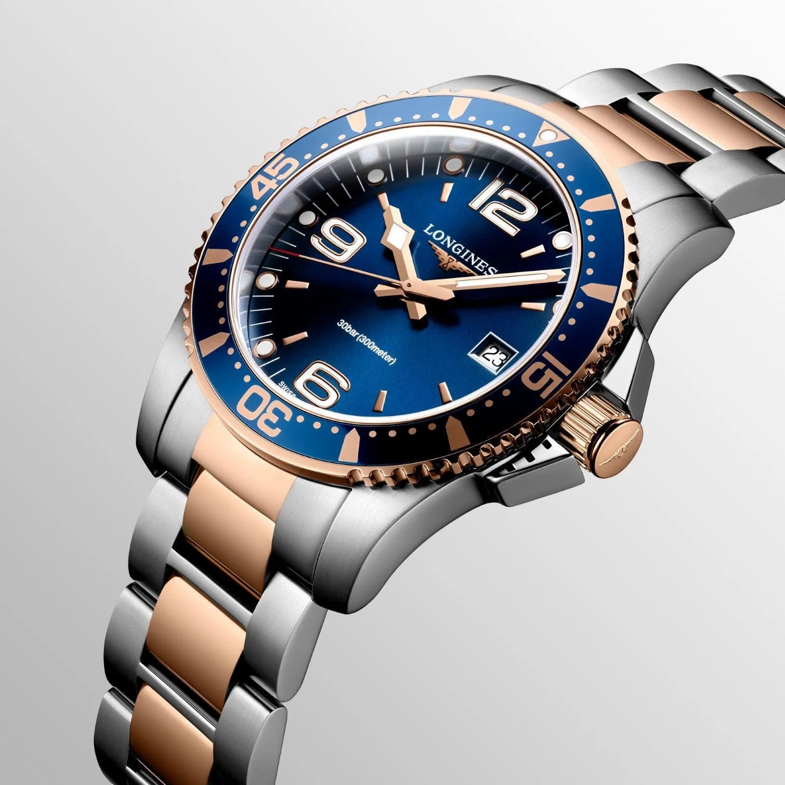 LONGINES HYDROCONQUEST 41mm Watch Blue Quartz Steel Finish Pvd Gold Rosa L3.740.3.98.7