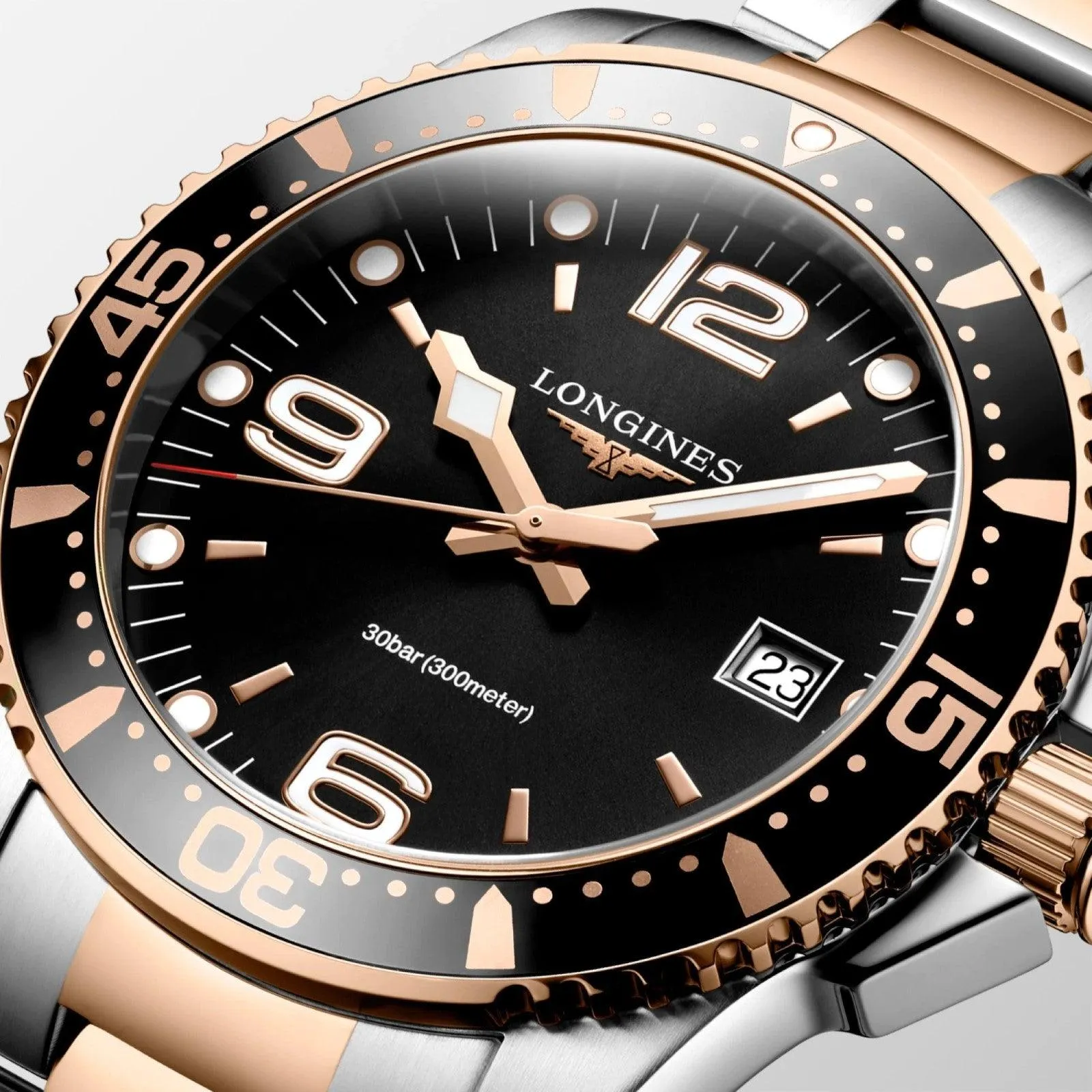 LONGINES HYDROCONQUEST WATCH 41mm Black Quartz Steel Finish Pvd Gold Rosa L3.740.3.58.7