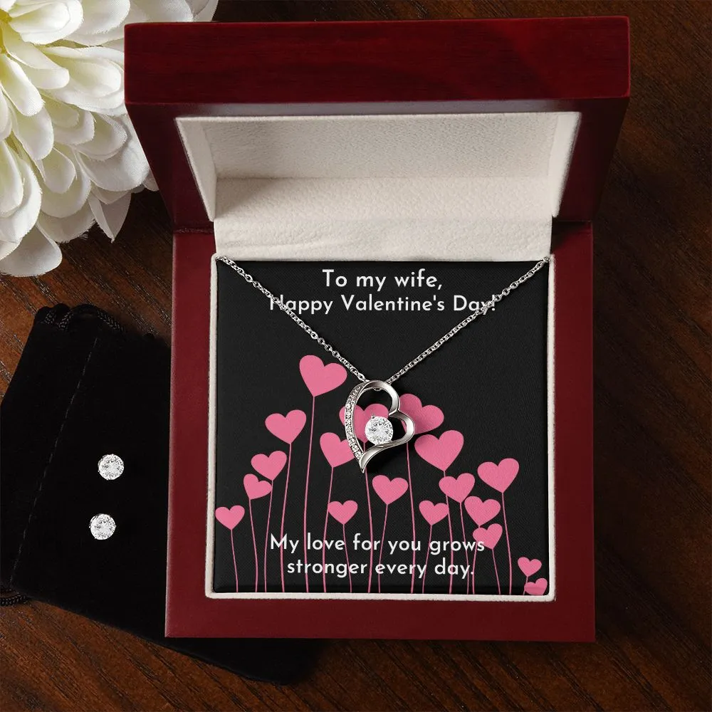 Love Grows Pink Valentine's Forever Heart Necklace & Cubic Zirconia Earring Set