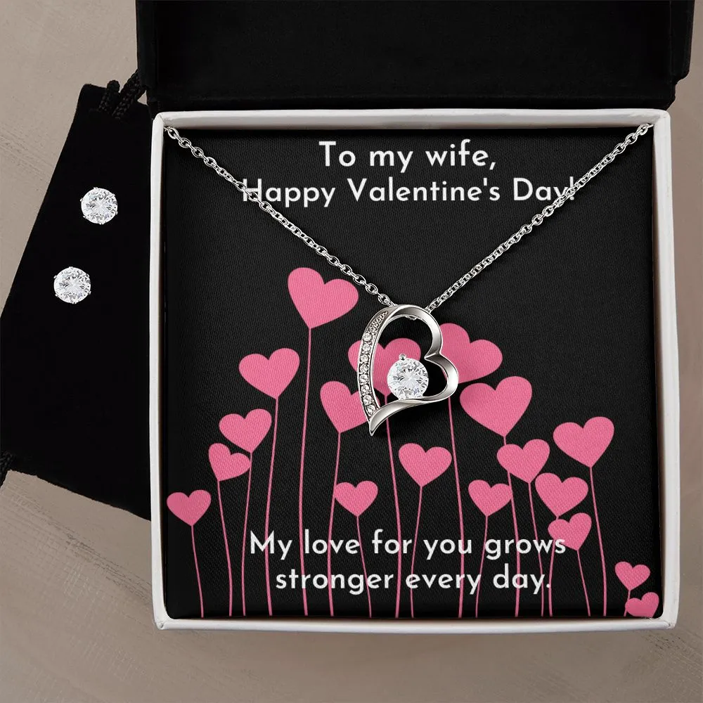 Love Grows Pink Valentine's Forever Heart Necklace & Cubic Zirconia Earring Set
