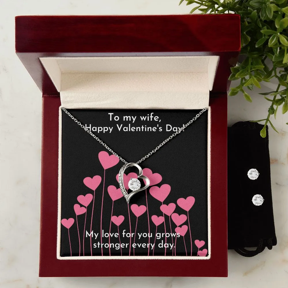 Love Grows Pink Valentine's Forever Heart Necklace & Cubic Zirconia Earring Set