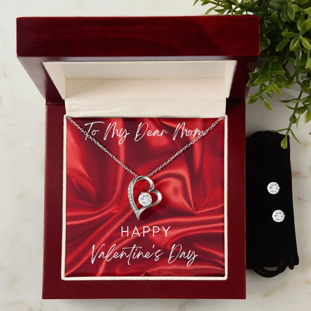 Love Mom Valentine's Forever Heart Necklace & Cubic Zirconia Earring Set