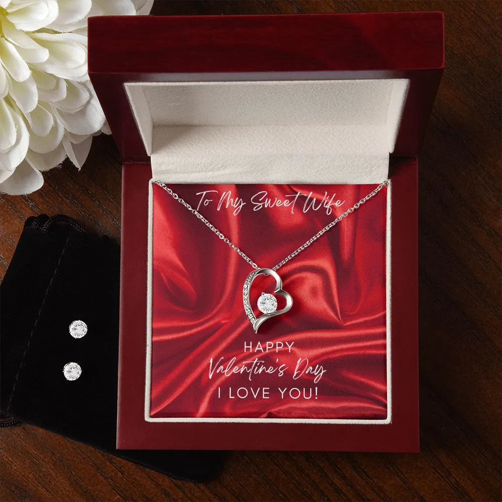 Love Wife Valentine's Forever Heart Necklace & Cubic Zirconia Earring Set