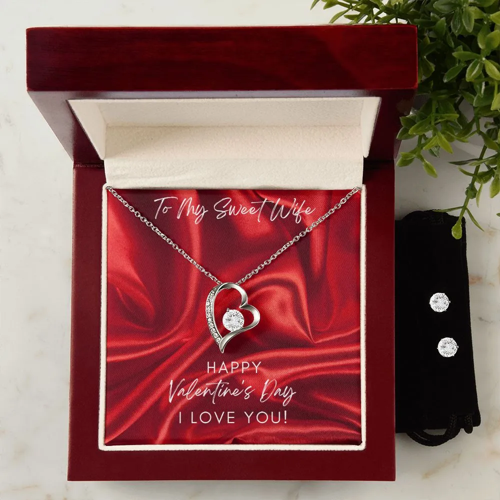 Love Wife Valentine's Forever Heart Necklace & Cubic Zirconia Earring Set