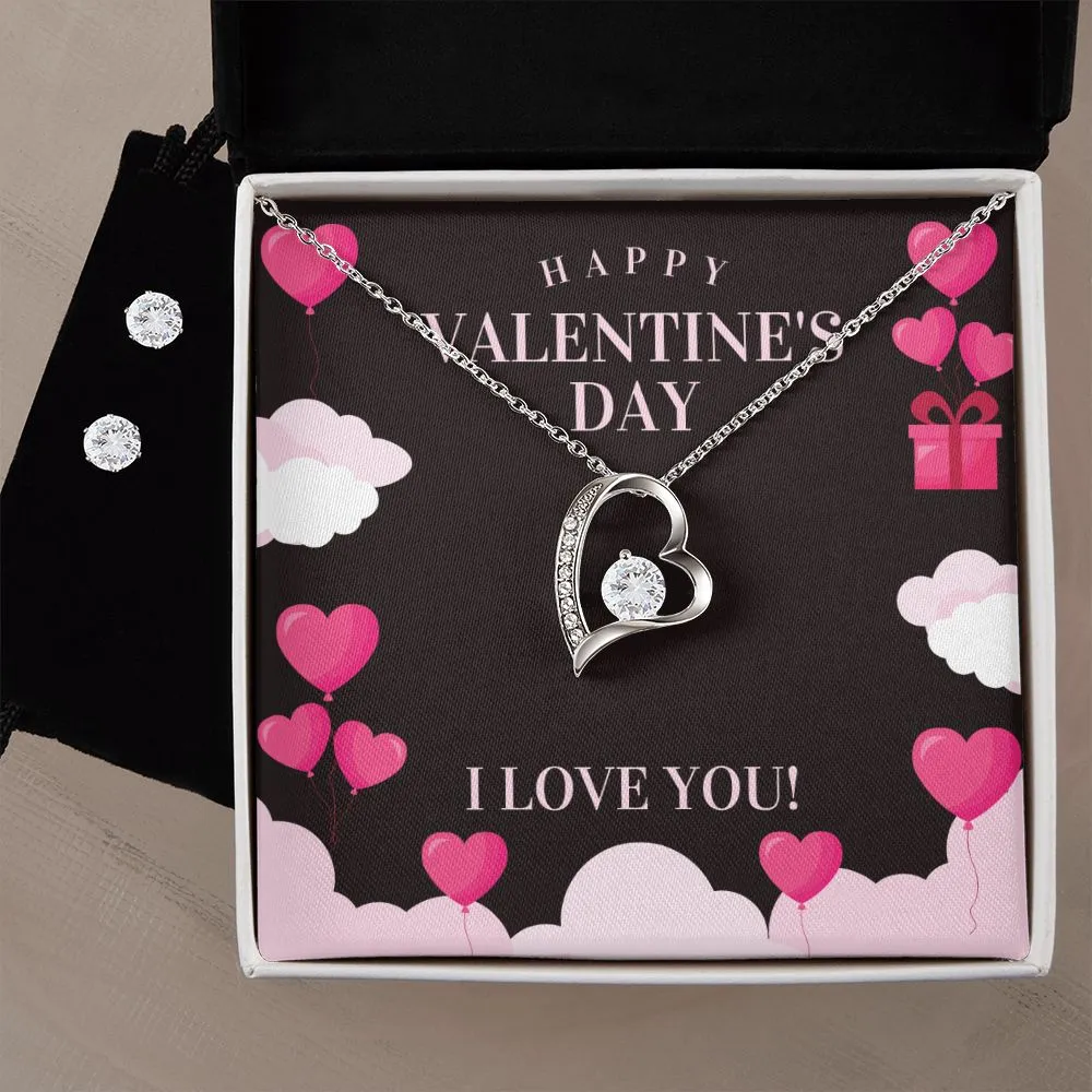 Love You Valentine's Forever Heart Necklace & Cubic Zirconia Earring Set