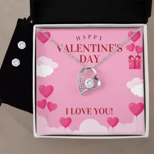Love You Valentine's Forever Heart Necklace & Cubic Zirconia Earring Set