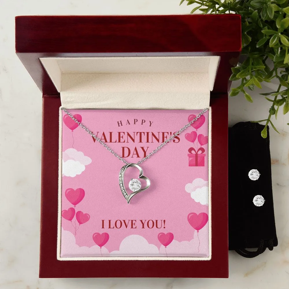 Love You Valentine's Forever Heart Necklace & Cubic Zirconia Earring Set