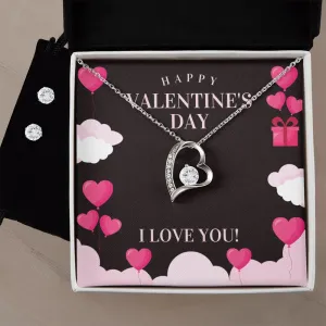 Love You Valentine's Forever Heart Necklace & Cubic Zirconia Earring Set