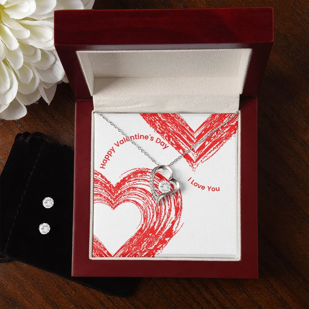 Love You Valentine's Forever Heart Necklace & Cubic Zirconia Earring Set