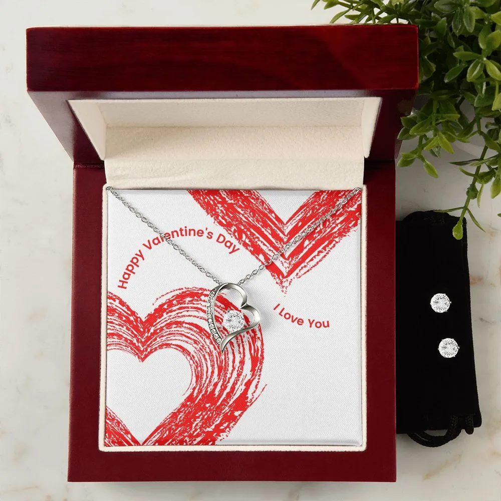 Love You Valentine's Forever Heart Necklace & Cubic Zirconia Earring Set