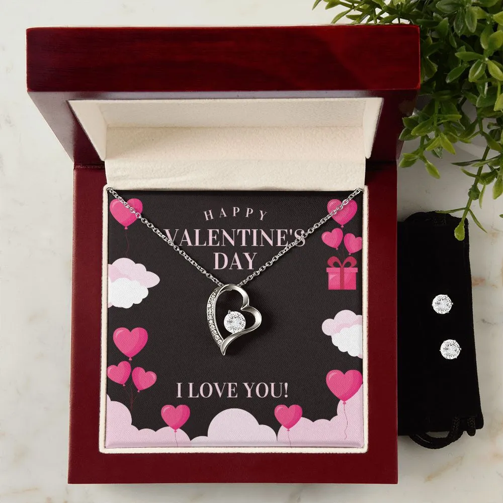 Love You Valentine's Forever Heart Necklace & Cubic Zirconia Earring Set