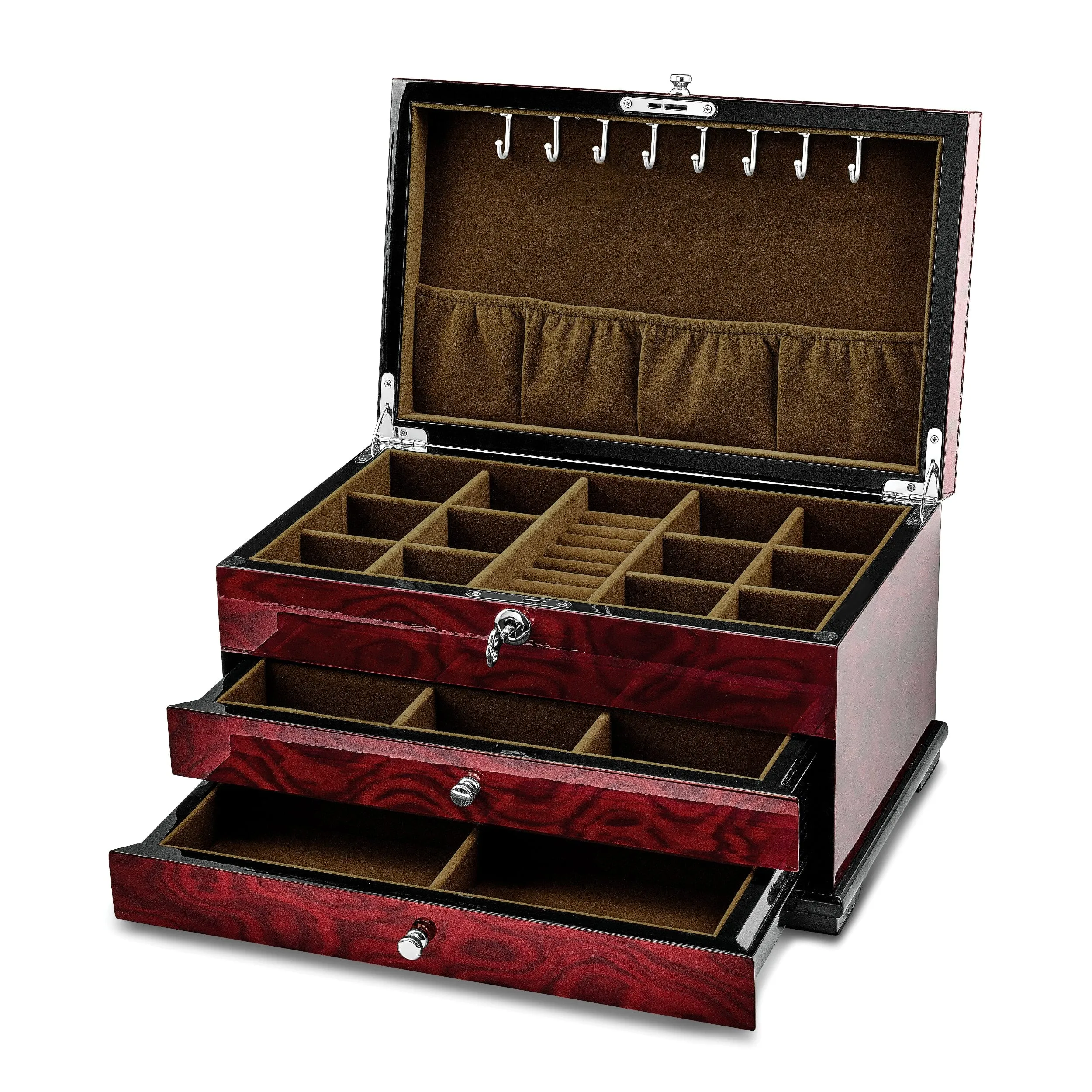 Luxury Giftware High Gloss Rosewood Veneer with Mother of Pearl Inlay 2-Drawer Velveteen Lining Locking Wooden Jewelry Box