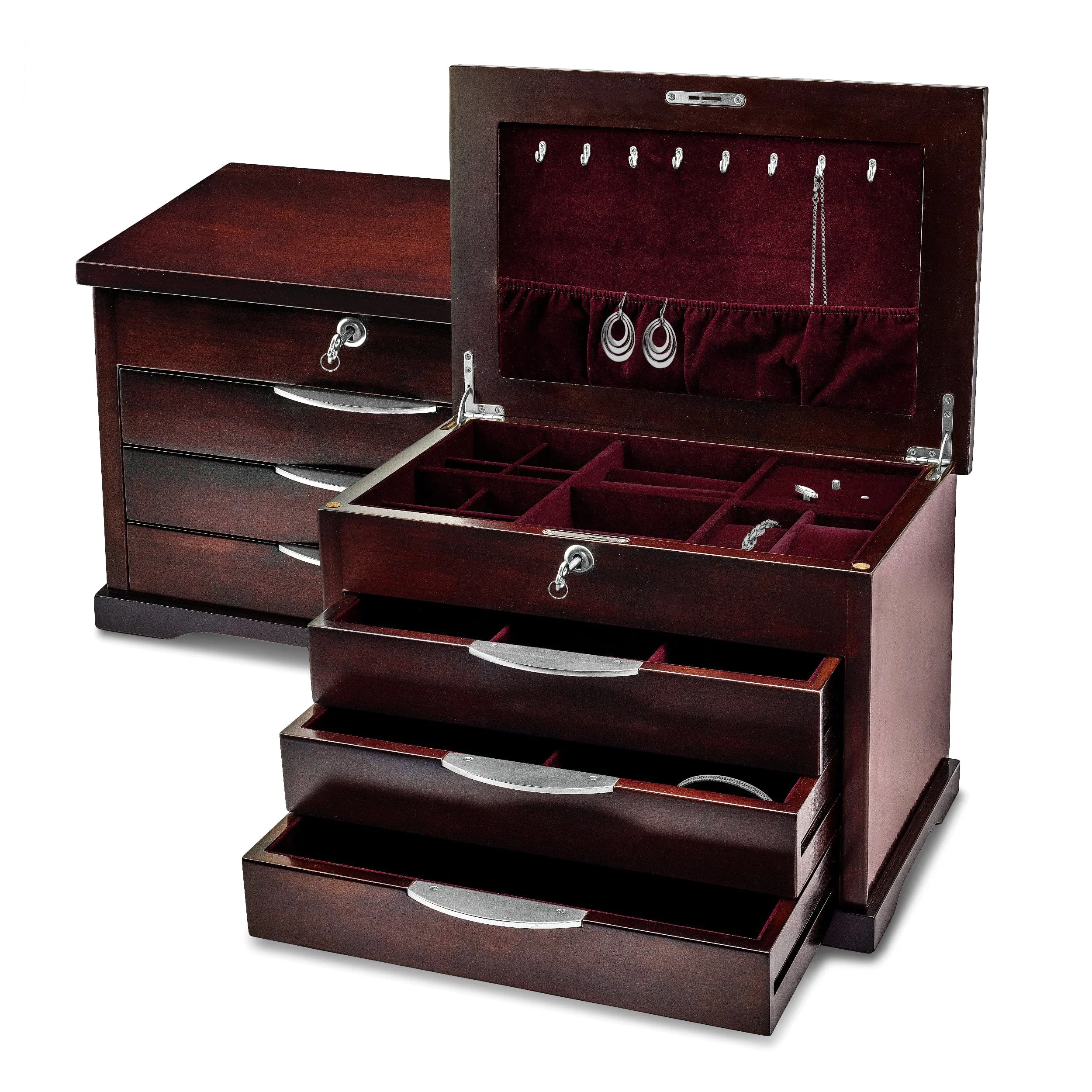 Luxury Giftware Matte Finish Ebony Veneer 3-Drawer Musical (Plays Fur Elise) Velveteen Lining Locking Wooden Jewelry Box