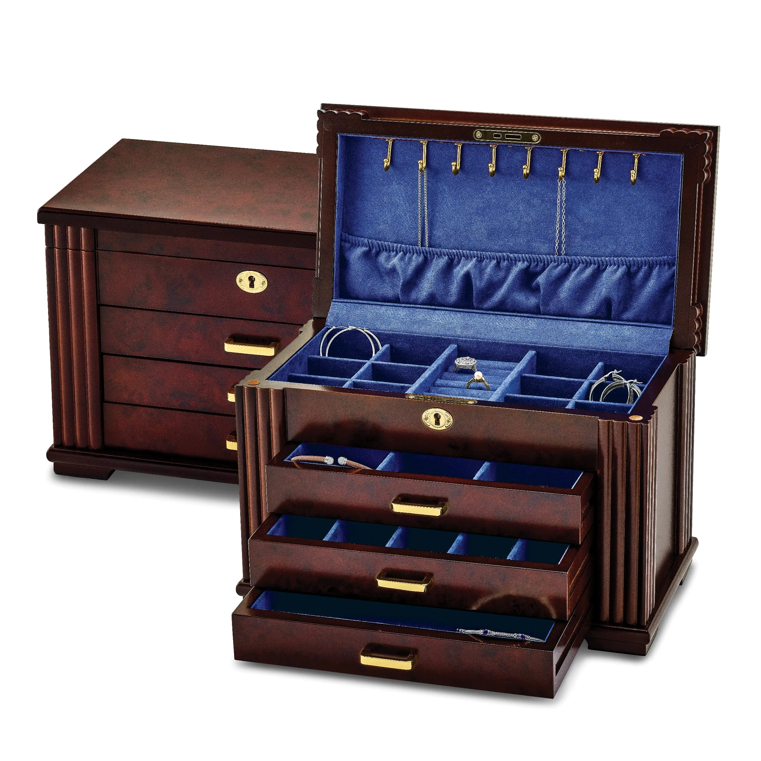 Luxury Giftware Matte Rosewood Burl Veneer 3-drawer Locking Wooden Jewelry Box