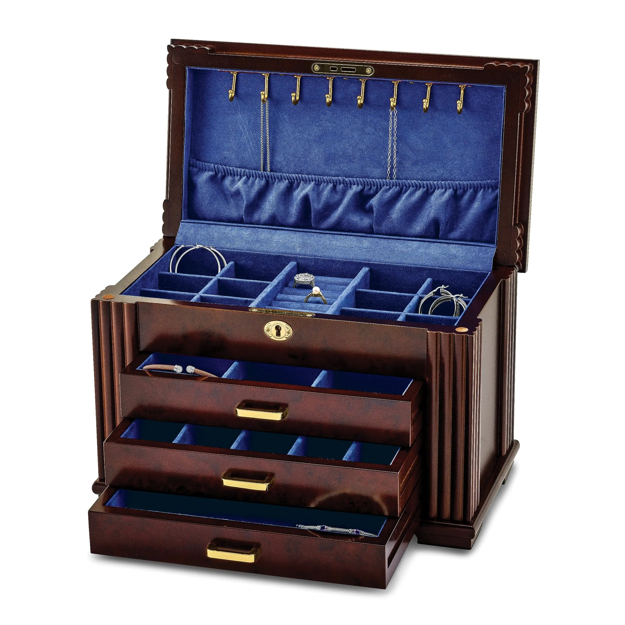 Luxury Giftware Matte Rosewood Burl Veneer 3-drawer Locking Wooden Jewelry Box