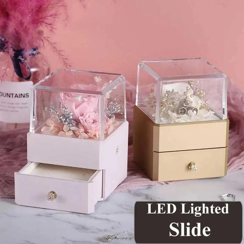 Luxury Real Flower Jewelry Box for Gift with LED Lights