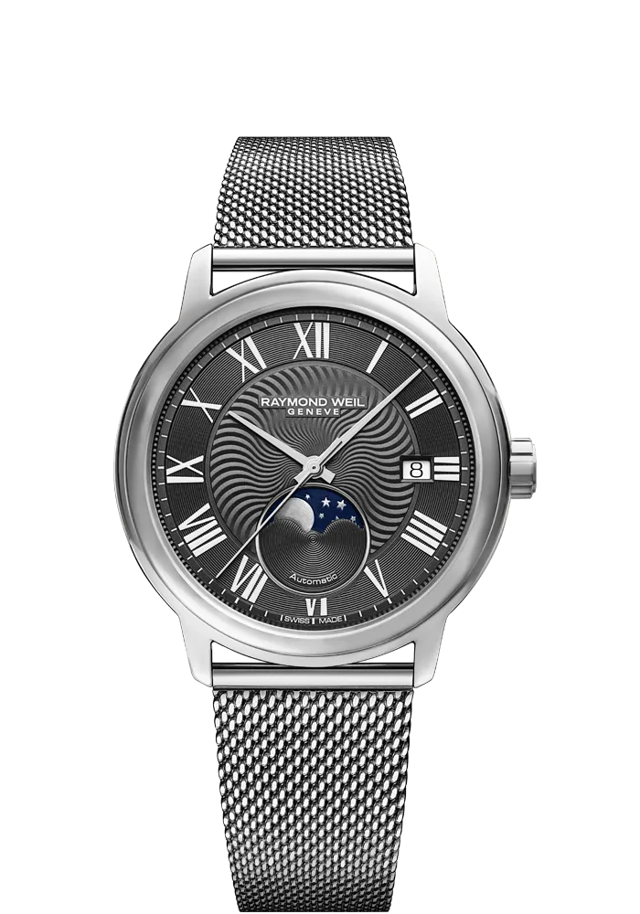 Maestro Moon Phase Men's Grey Automatic Mesh Steel Watch, 40mm 2239M-ST-00609