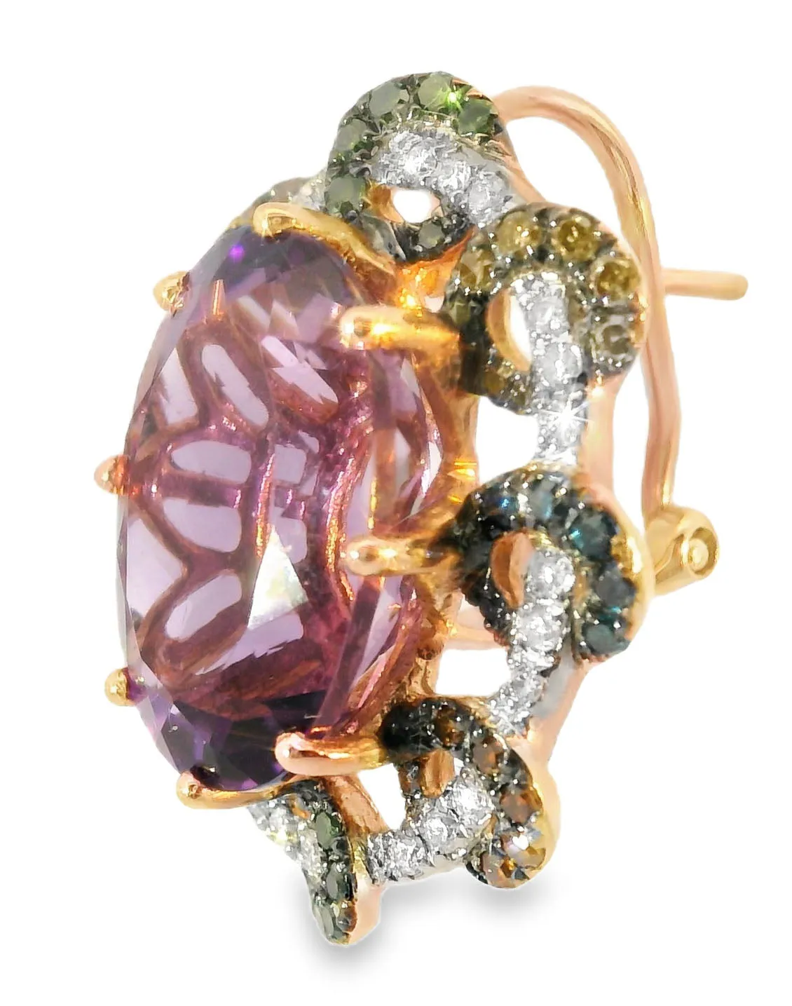 Magnificent 14K Rose Pink Gold Diamond Amethyst Huggie Earrings