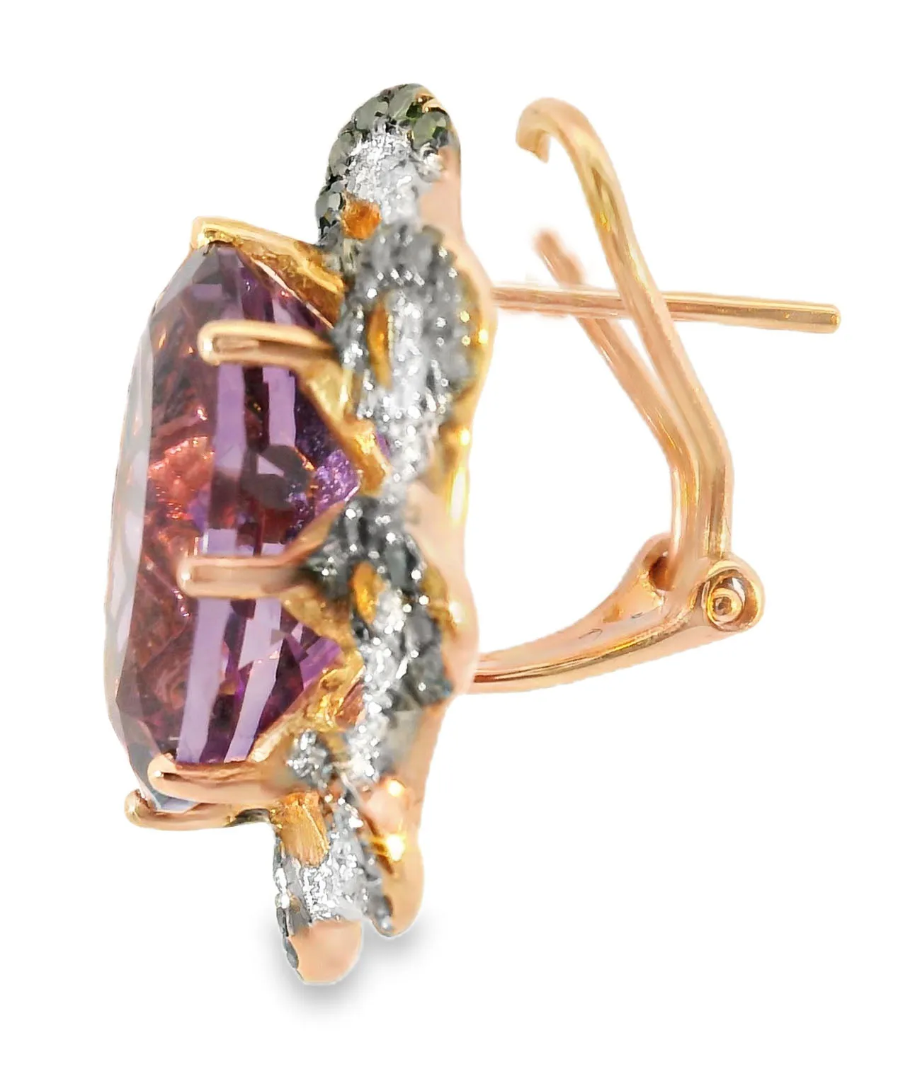 Magnificent 14K Rose Pink Gold Diamond Amethyst Huggie Earrings