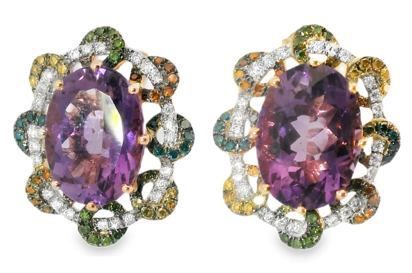 Magnificent 14K Rose Pink Gold Diamond Amethyst Huggie Earrings