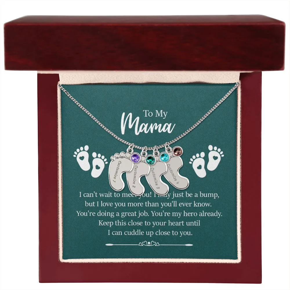 Mama I Can't Wait To Meet You Custom Baby Feet Necklace with Birthstone
