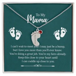 Mama I Can't Wait To Meet You Custom Baby Feet Necklace with Birthstone