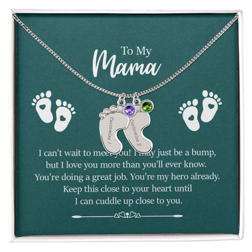 Mama I Can't Wait To Meet You Custom Baby Feet Necklace with Birthstone