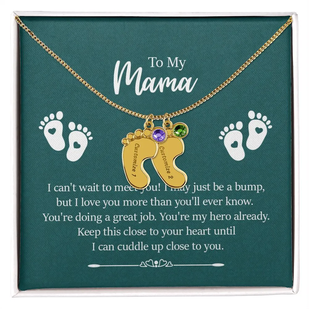 Mama I Can't Wait To Meet You Custom Baby Feet Necklace with Birthstone