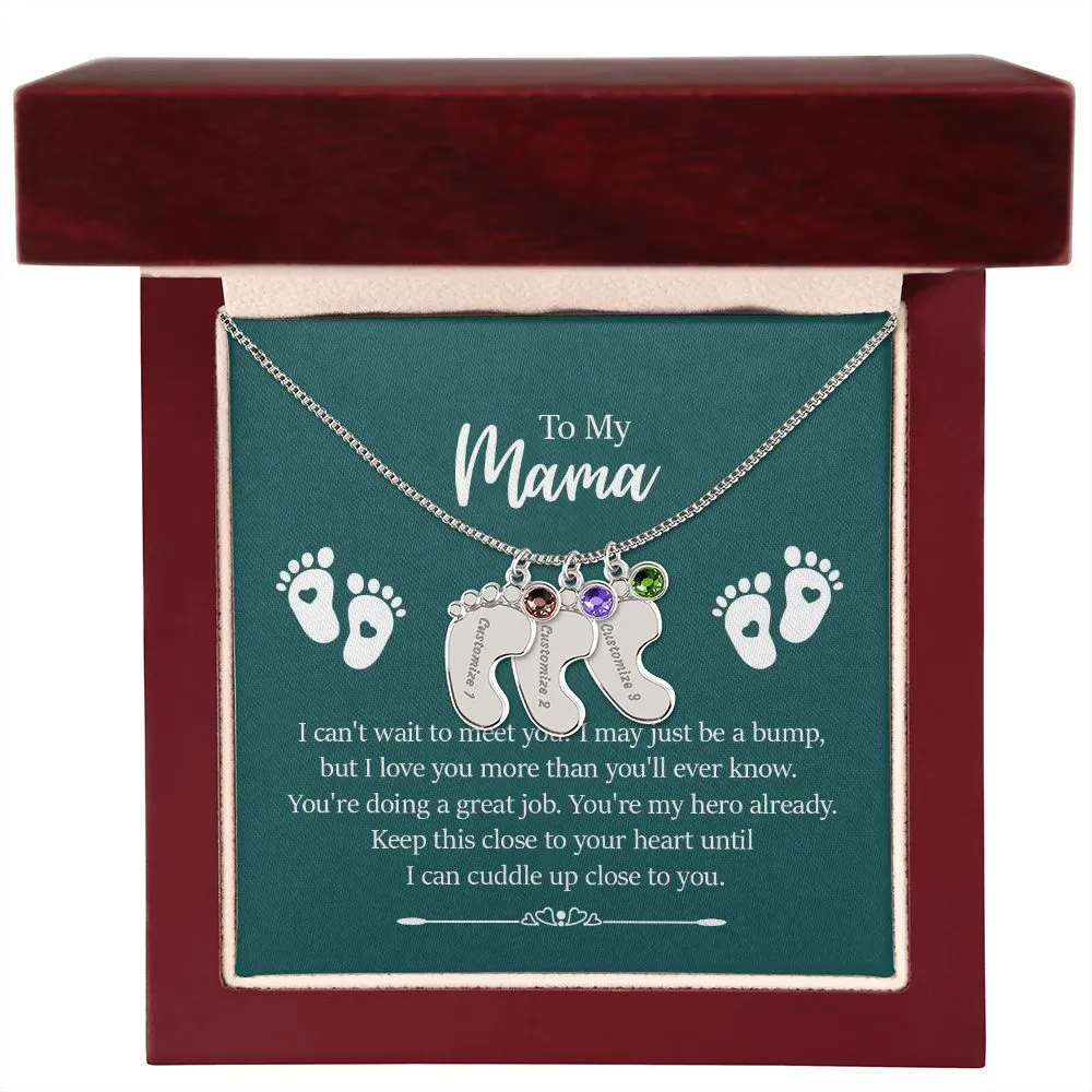 Mama I Can't Wait To Meet You Custom Baby Feet Necklace with Birthstone
