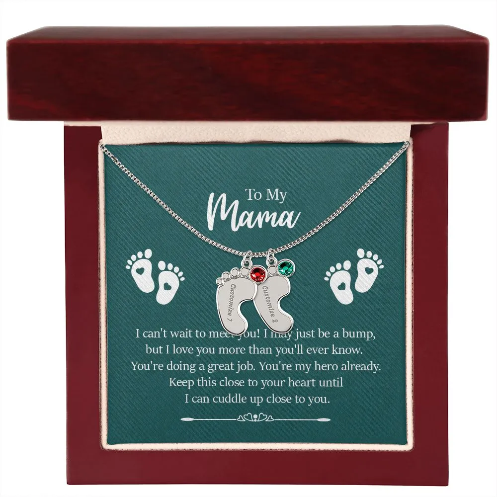 Mama I Can't Wait To Meet You Custom Baby Feet Necklace with Birthstone