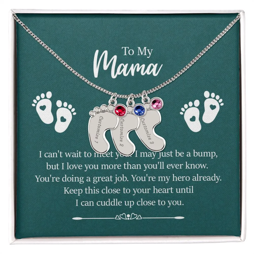 Mama I Can't Wait To Meet You Custom Baby Feet Necklace with Birthstone