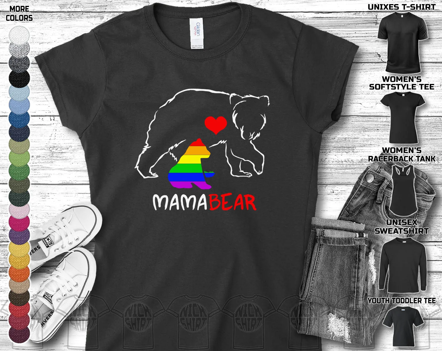 Mama Mom Mammy Bear Grizzly Animal Rainbow Mothers Day Nurse Love Heart Family Gift Unisex T-Shirt