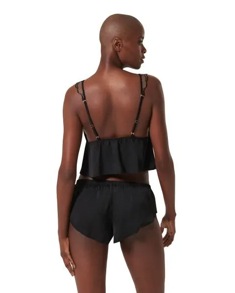 Marabel Luxury Satin Cami and Short Set - Black/Sheer -