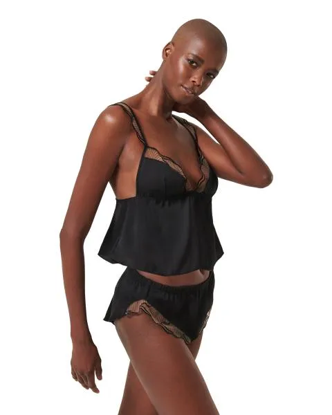 Marabel Luxury Satin Cami and Short Set - Black/Sheer -