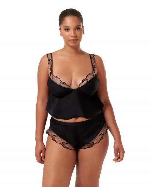 Marabel Luxury Satin Cami and Short Set - Black/Sheer -