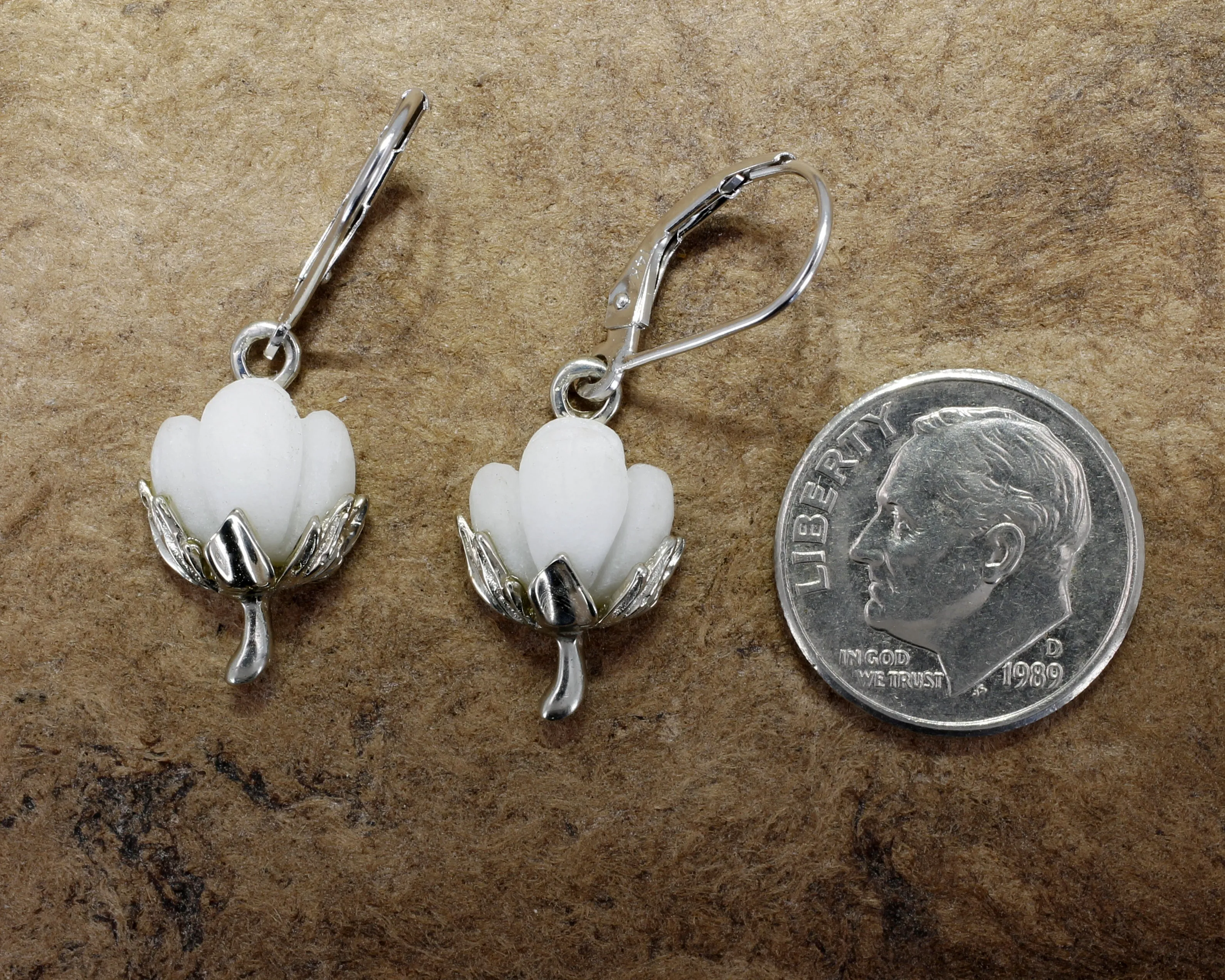 Matching Set of Cotton Boll Necklace And Dangle Earrings in 14kt White Gold