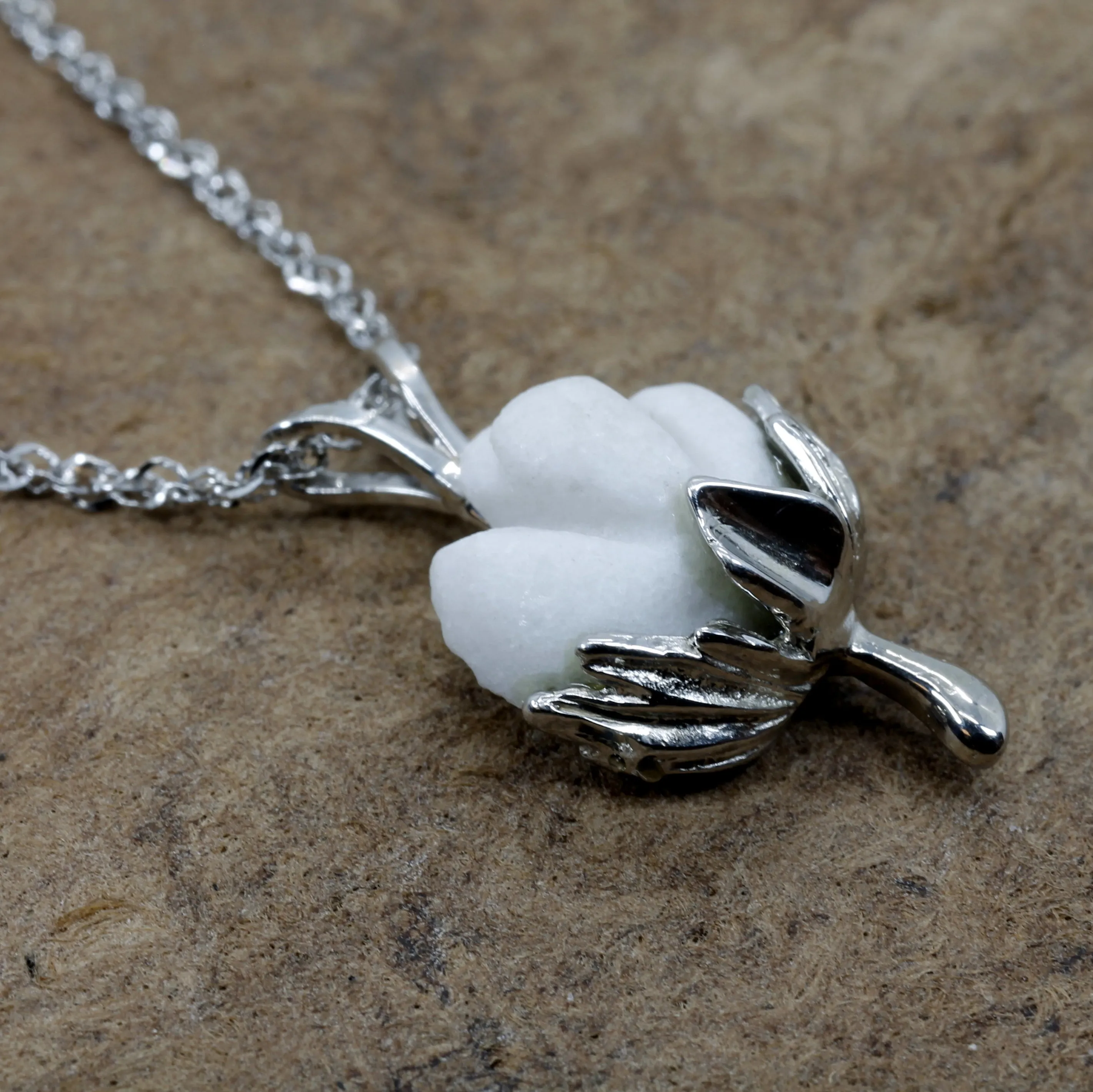 Matching Set of Cotton Boll Necklace And Dangle Earrings in 14kt White Gold