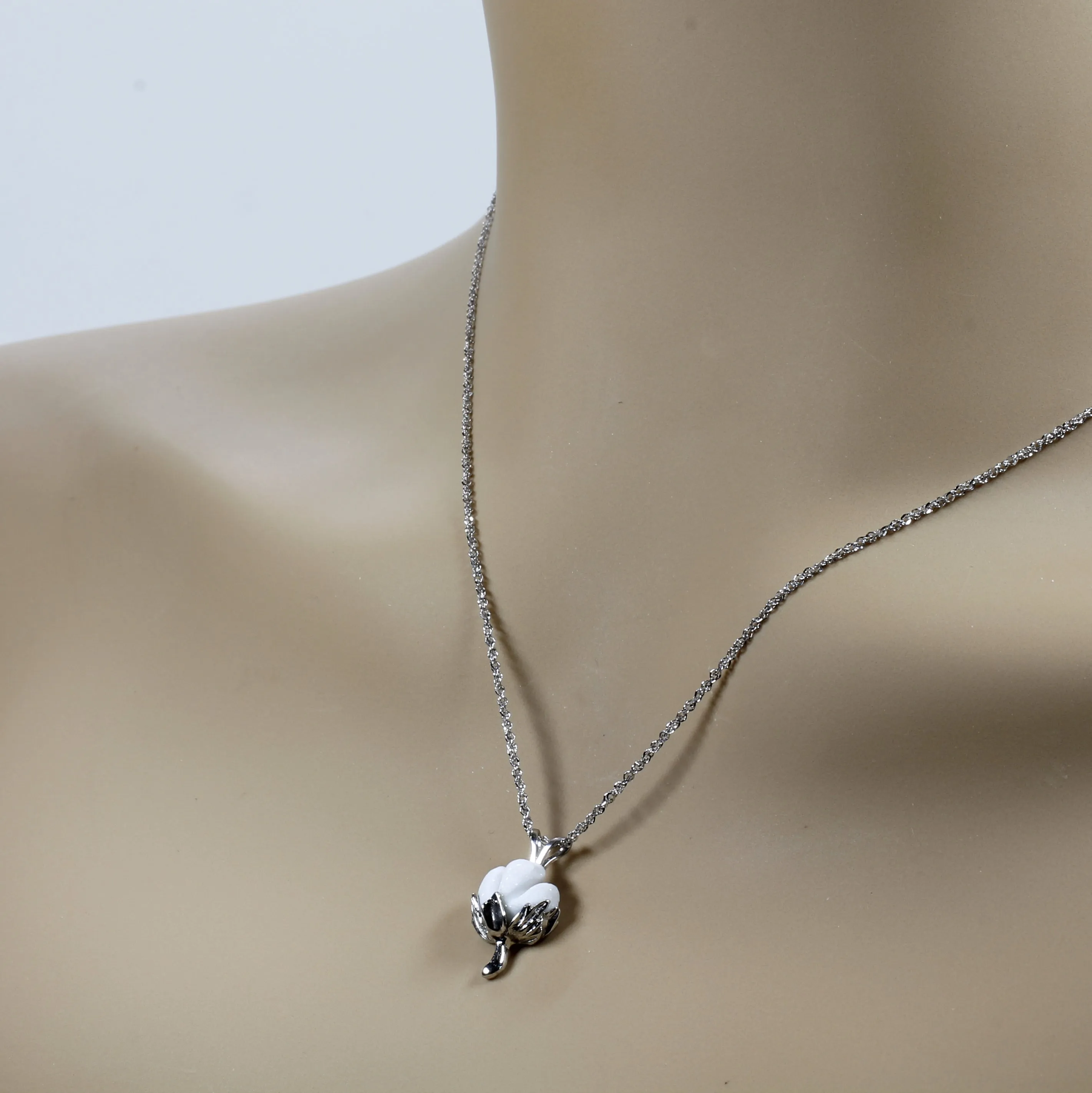 Matching Set of Cotton Boll Necklace And Dangle Earrings in 14kt White Gold