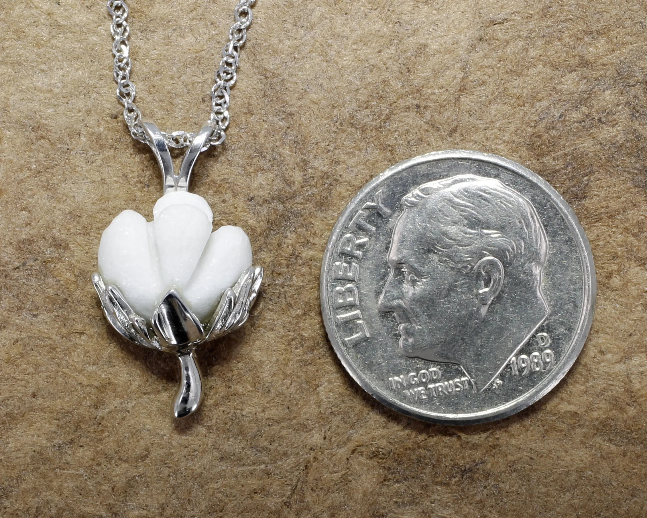 Matching Set of Cotton Boll Necklace And Dangle Earrings in 14kt White Gold