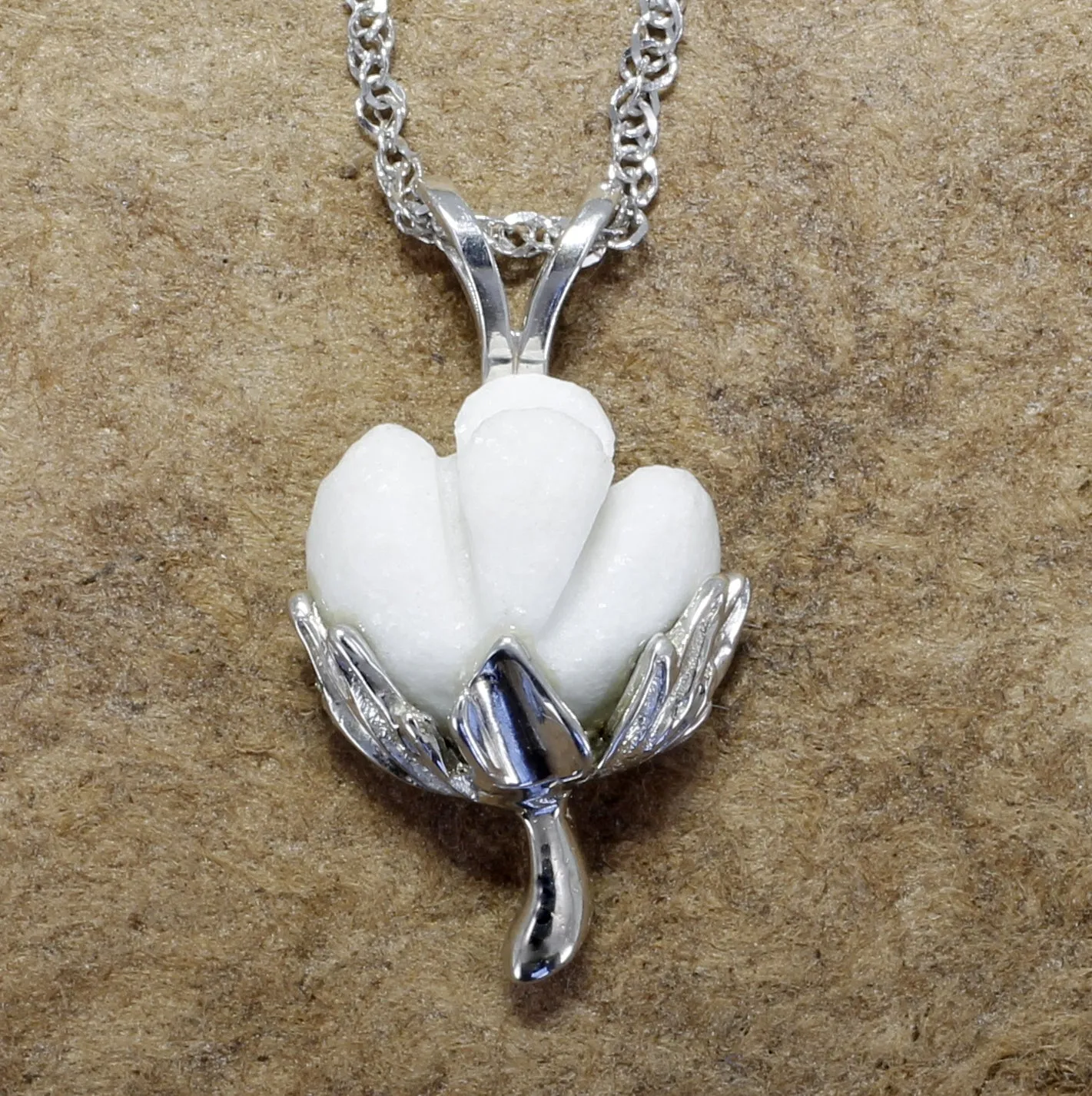 Matching Set of Cotton Boll Necklace And Dangle Earrings in 14kt White Gold