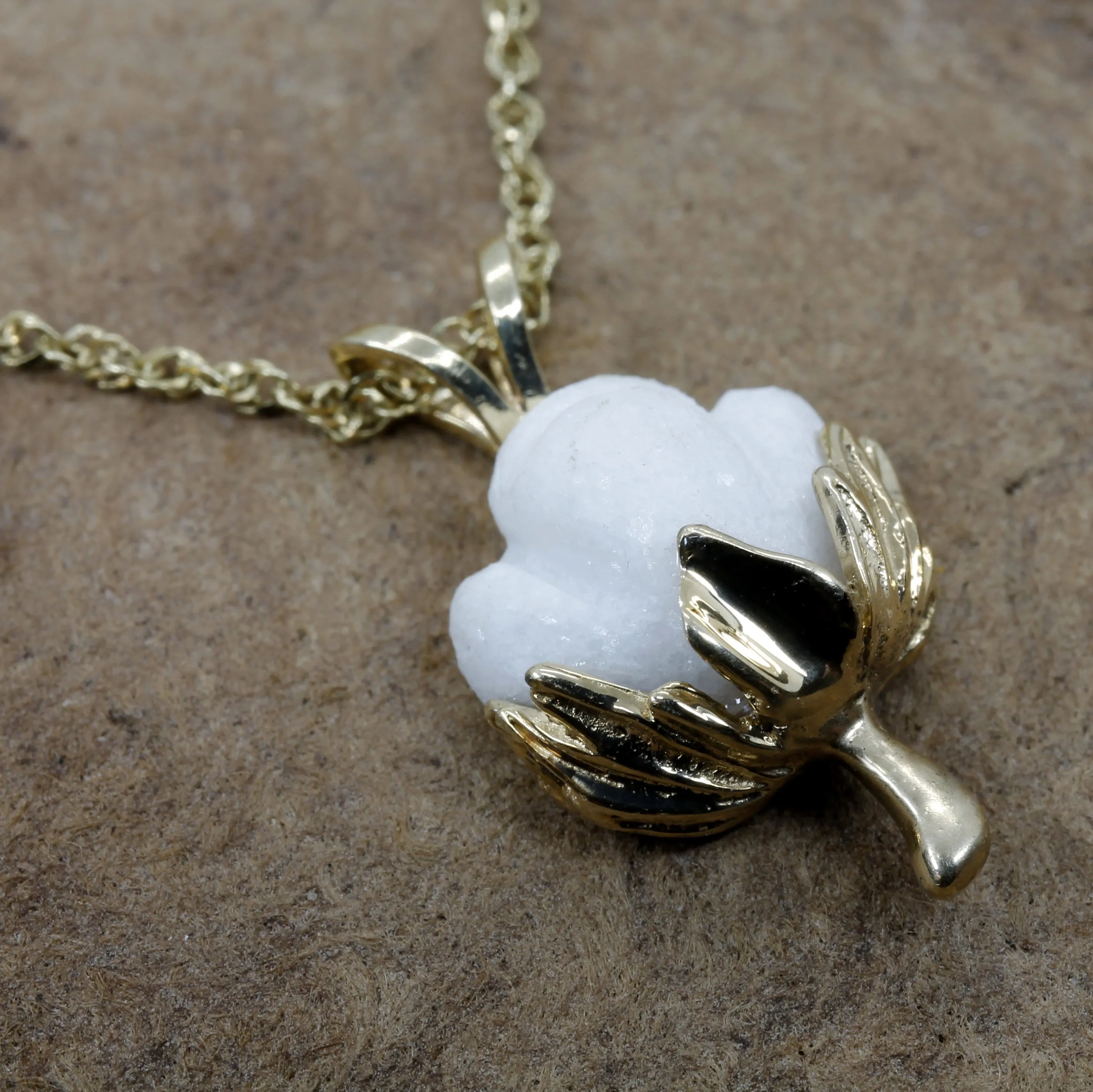 Matching Set of Cotton Boll Necklace And Dangle Earrings in 14kt Yellow Gold
