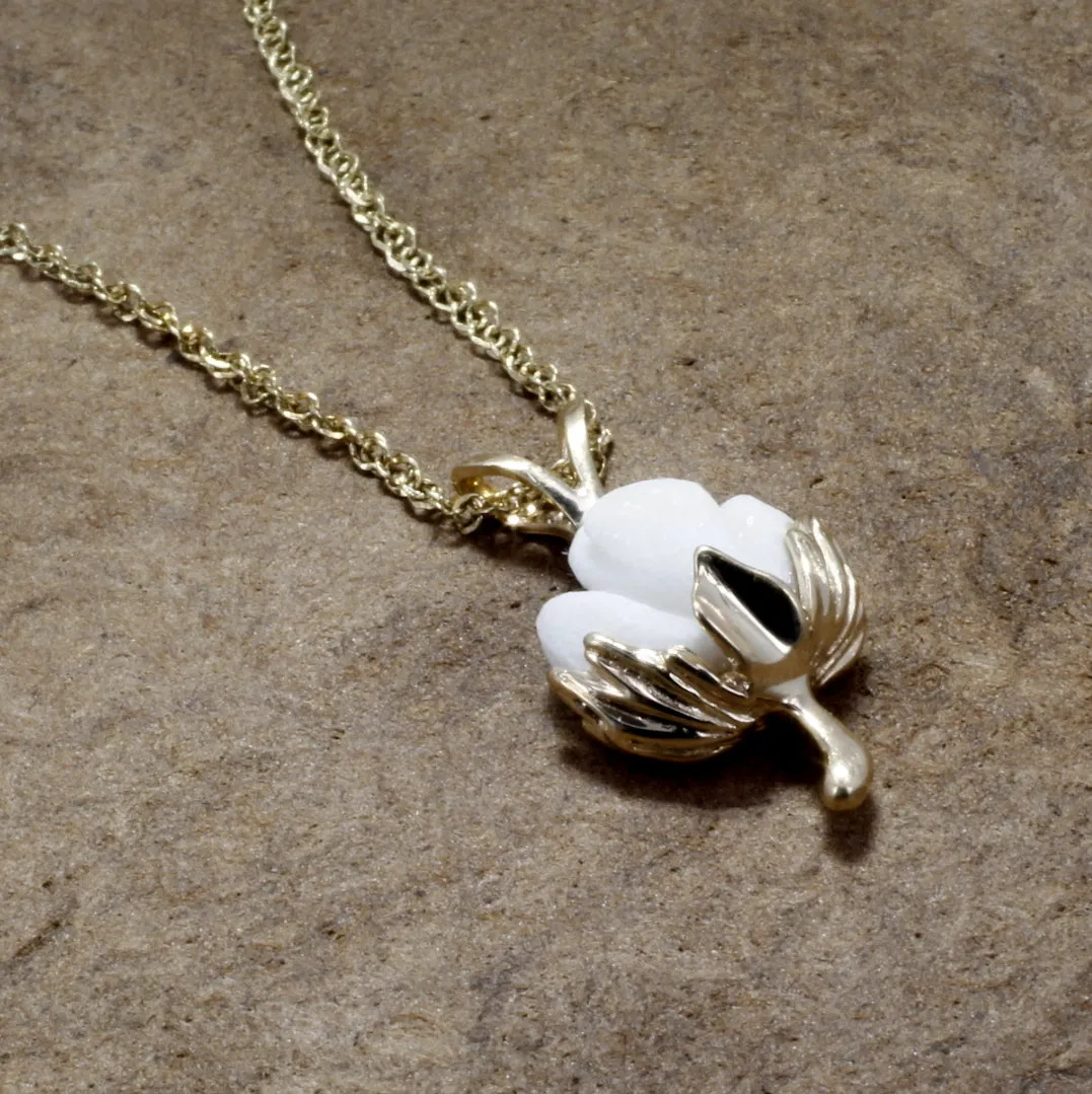 Matching Set of Cotton Boll Necklace And Dangle Earrings in 14kt Yellow Gold