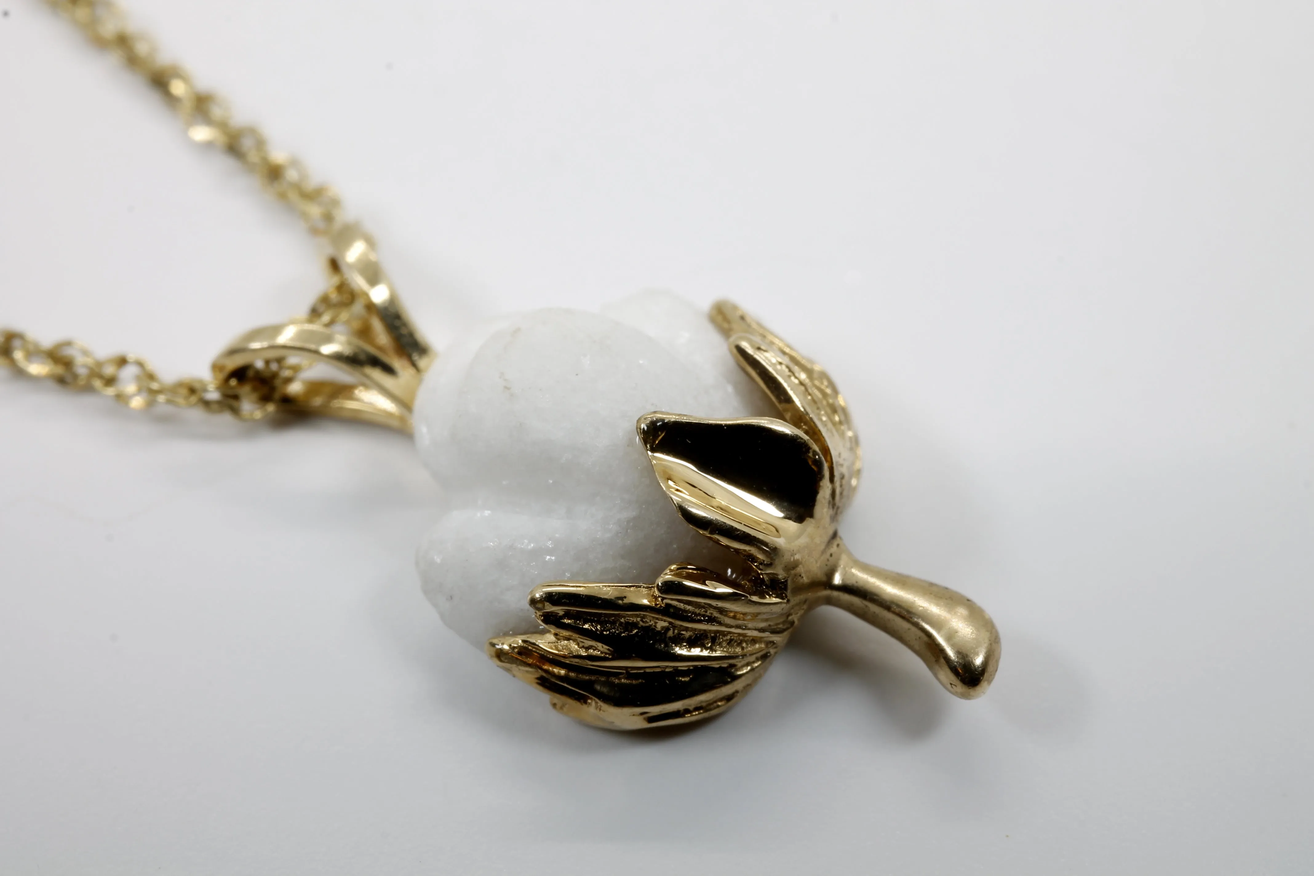 Matching Set of Cotton Boll Necklace And Dangle Earrings in 14kt Yellow Gold