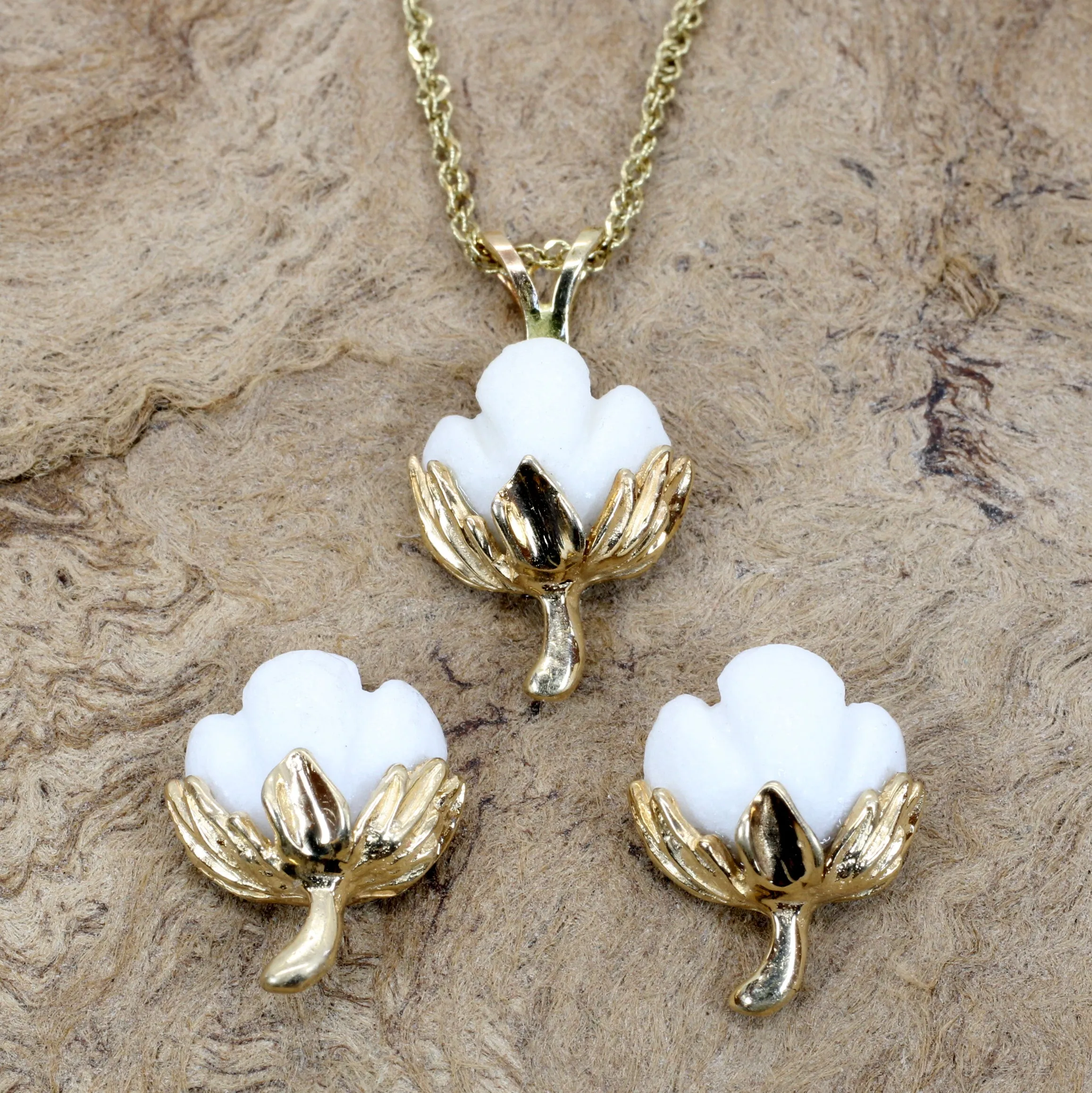 Matching Set of Cotton Boll Necklace And Dangle Earrings in 14kt Yellow Gold