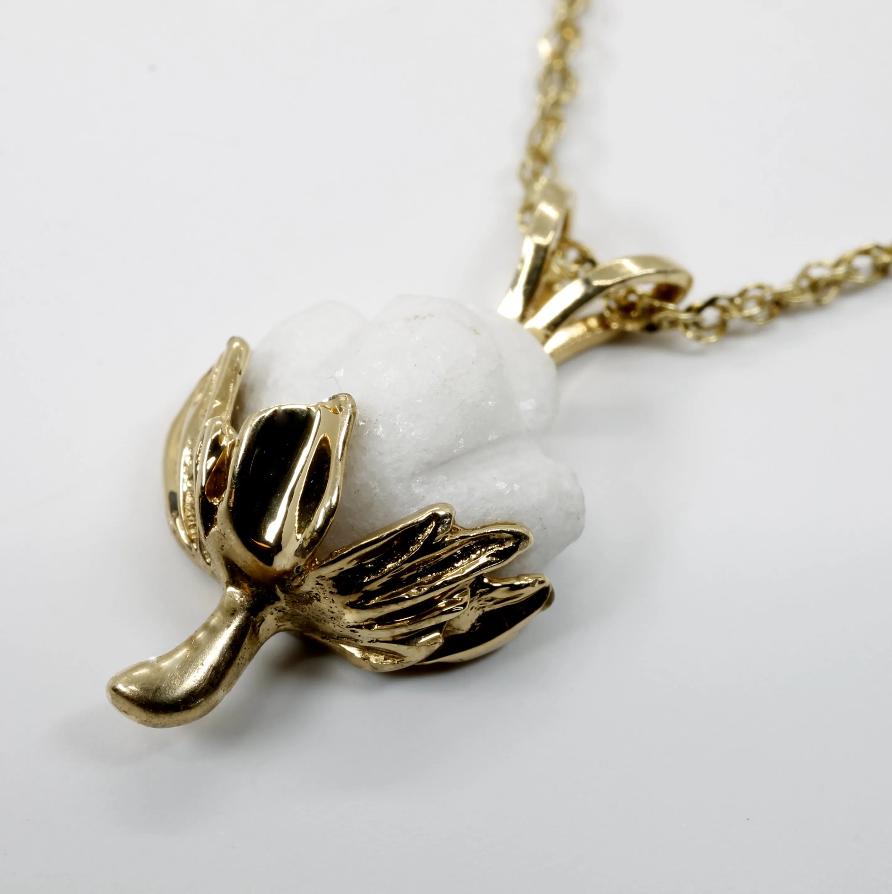 Matching Set of Cotton Boll Necklace And Dangle Earrings in 14kt Yellow Gold